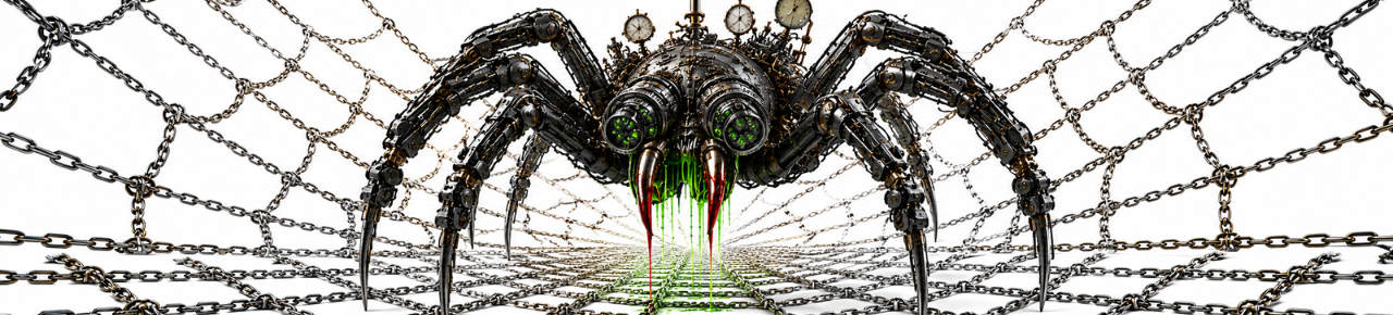 Steampunk spider on a chain web